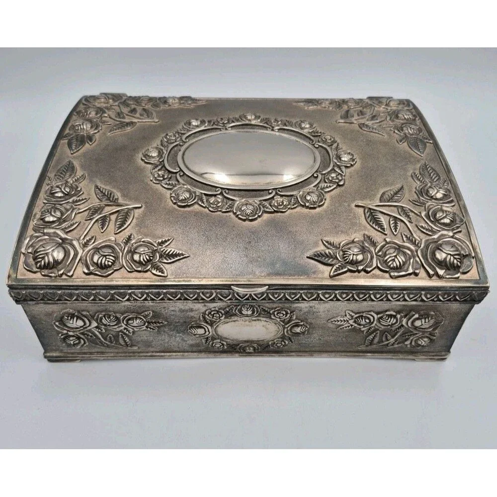 Vintage Godinger Silver Plated Large Jewelry Box Red Velvet Interior 1980s